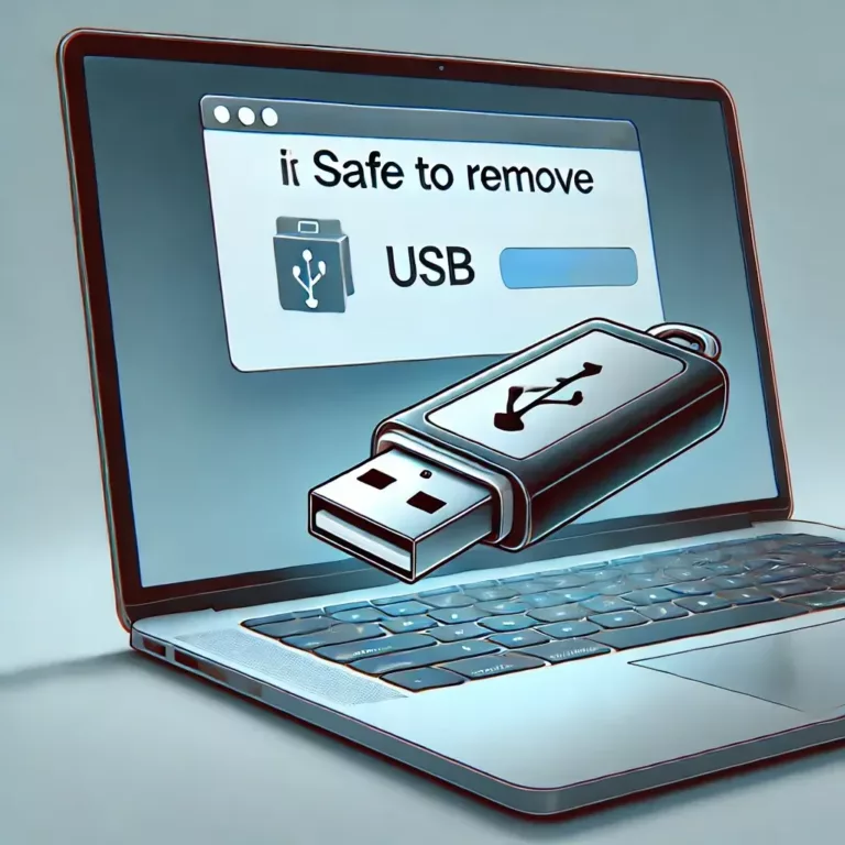 Illustration d’une clé USB en cours d’éjection sécurisée d’un ordinateur portable, avec un message de confirmation affiché à l’écran.