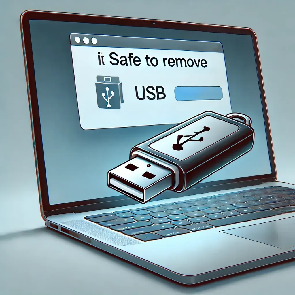 Illustration d’une clé USB en cours d’éjection sécurisée d’un ordinateur portable, avec un message de confirmation affiché à l’écran.