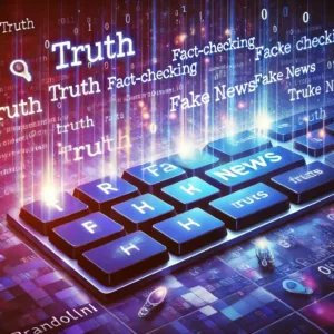 Un clavier d’ordinateur avec des mots clés liés à l’information et à la désinformation.