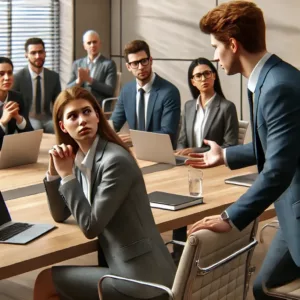 Un homme interrompt une femme lors d'une réunion professionnelle, illustrant une situation typique de mansplaining. La femme, visiblement frustrée mais calme, tient une présentation. Un groupe de participants divers observe la scène, avec un décor de salle de réunion comprenant une table, des ordinateurs portables et des documents.