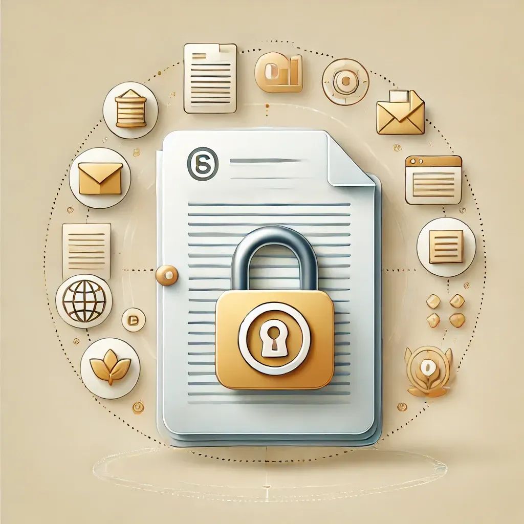 Illustration symbolisant la protection des droits d'auteur avec un cadenas sur un document, représentant la sécurité et le partage de contenus numériques.