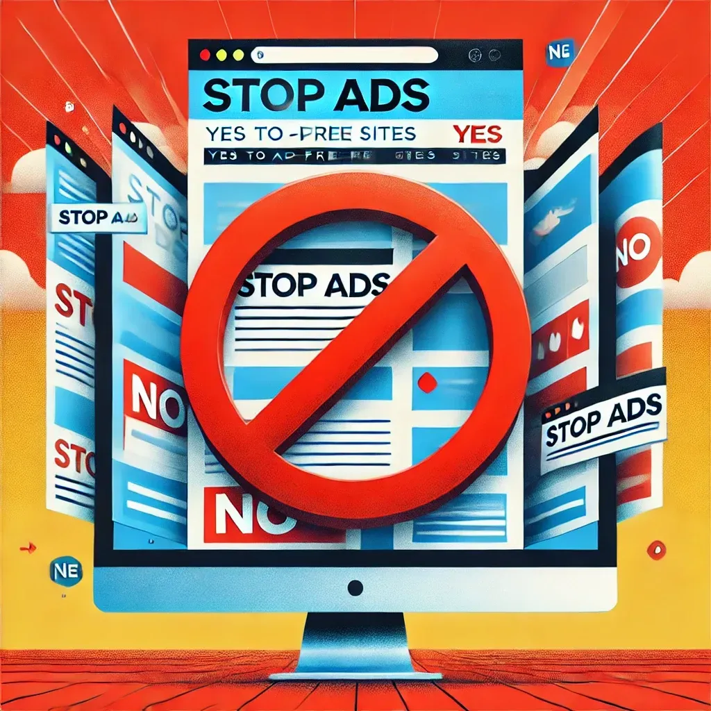 Illustration d'un symbole d'interdiction sur des publicités intrusives, avec un site web propre en arrière-plan.