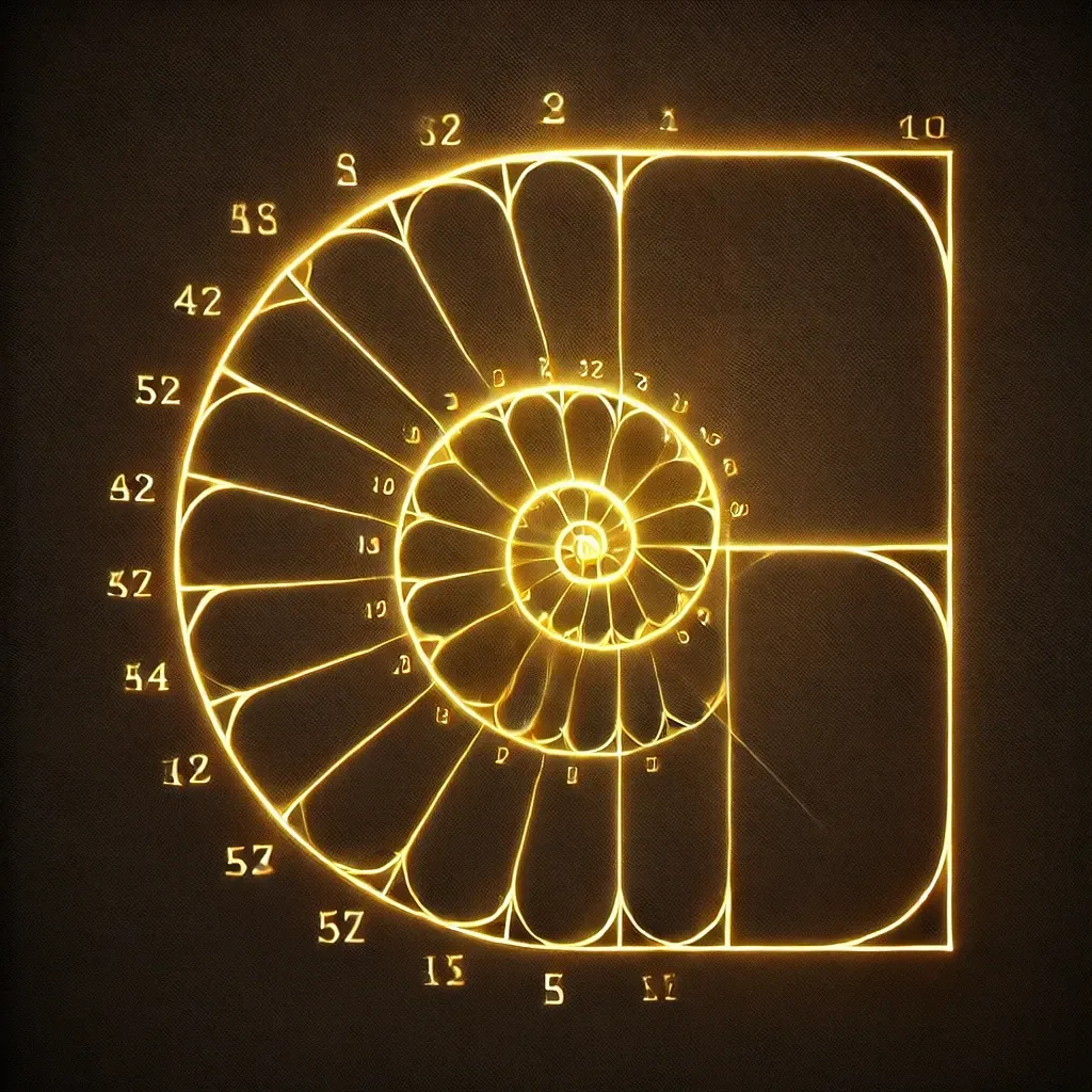 Spirale de Fibonacci dorée sur fond sombre, illustrant la célèbre séquence mathématique.
