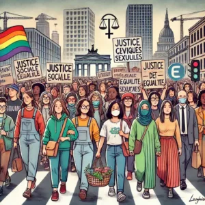 Un groupe de personnes diverses tenant des pancartes pour la justice sociale, l’égalité et l’inclusion, dans un environnement urbain moderne.