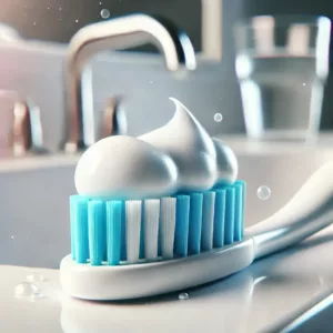 Une brosse à dents avec du dentifrice légèrement mousseux posée sur un lavabo blanc dans une salle de bain propre et moderne.