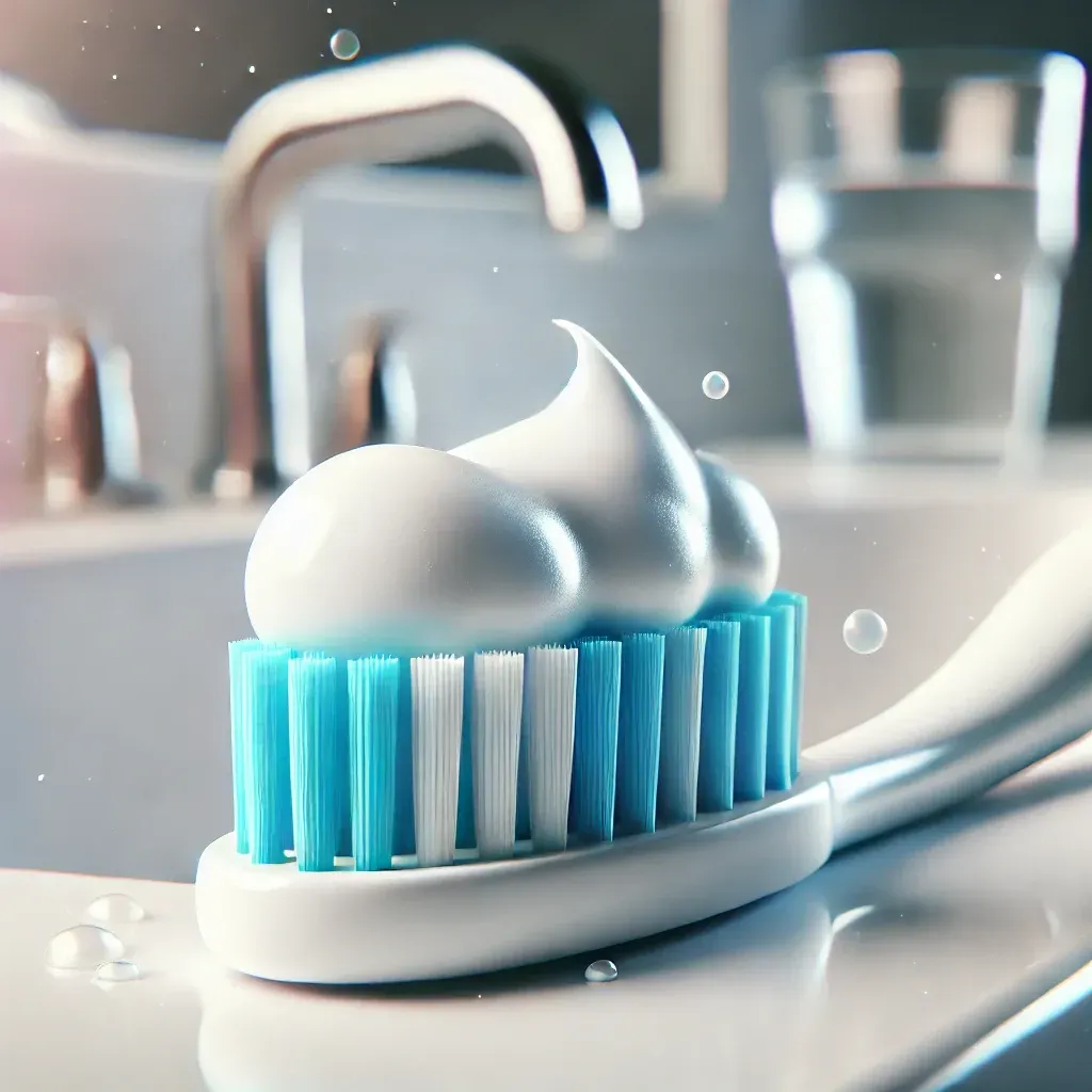 Une brosse à dents avec du dentifrice légèrement mousseux posée sur un lavabo blanc dans une salle de bain propre et moderne.