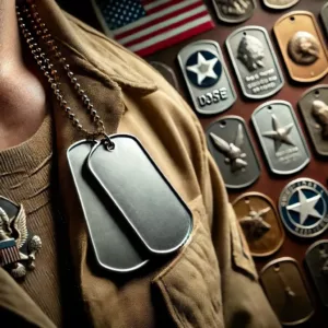 Un soldat portant des dog tags autour du cou, avec un focus sur la plaque d'identification métallique. En arrière-plan, des plaques militaires historiques de différentes époques sont exposées.
