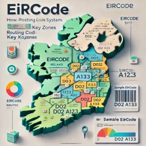 Carte numérique de l’Irlande illustrant le système Eircode avec différentes zones de codes postaux colorées et un exemple d’Eircode affiché.