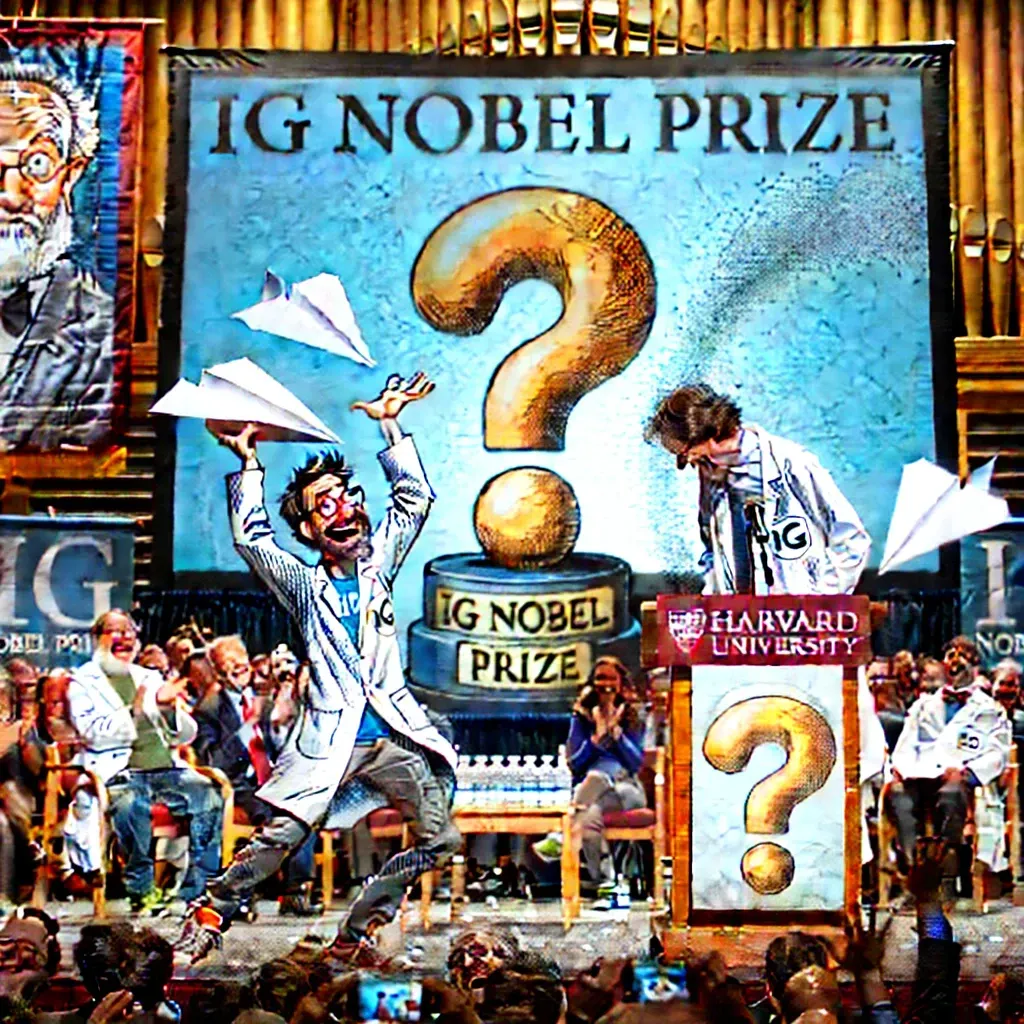 Un scientifique en blouse blanche reçoit un trophée humoristique en forme de point d’interrogation lors de la cérémonie des prix Ig Nobel, sous les rires du public.