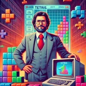 Illustration d’Alexei Pajitnov avec des blocs de Tetris en arrière-plan.