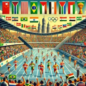 Athlètes de plusieurs nations des BRICS participant à une compétition sportive internationale dans un stade animé, avec des drapeaux symbolisant l’unité.