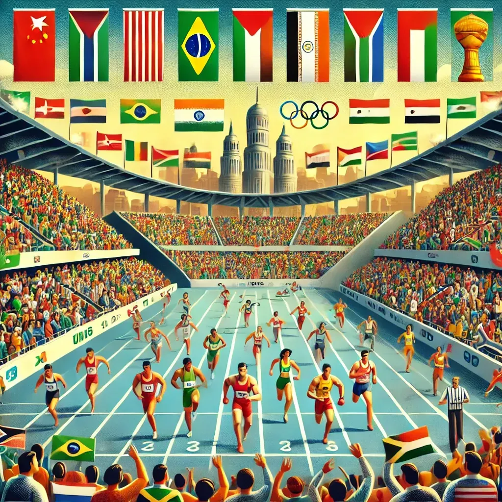 Athlètes de plusieurs nations des BRICS participant à une compétition sportive internationale dans un stade animé, avec des drapeaux symbolisant l’unité.