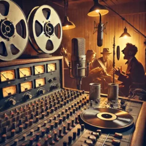 Studio d’enregistrement vintage avec microphone et magnétophone, illustrant l’origine du cri de Wilhelm, célèbre effet sonore du cinéma.