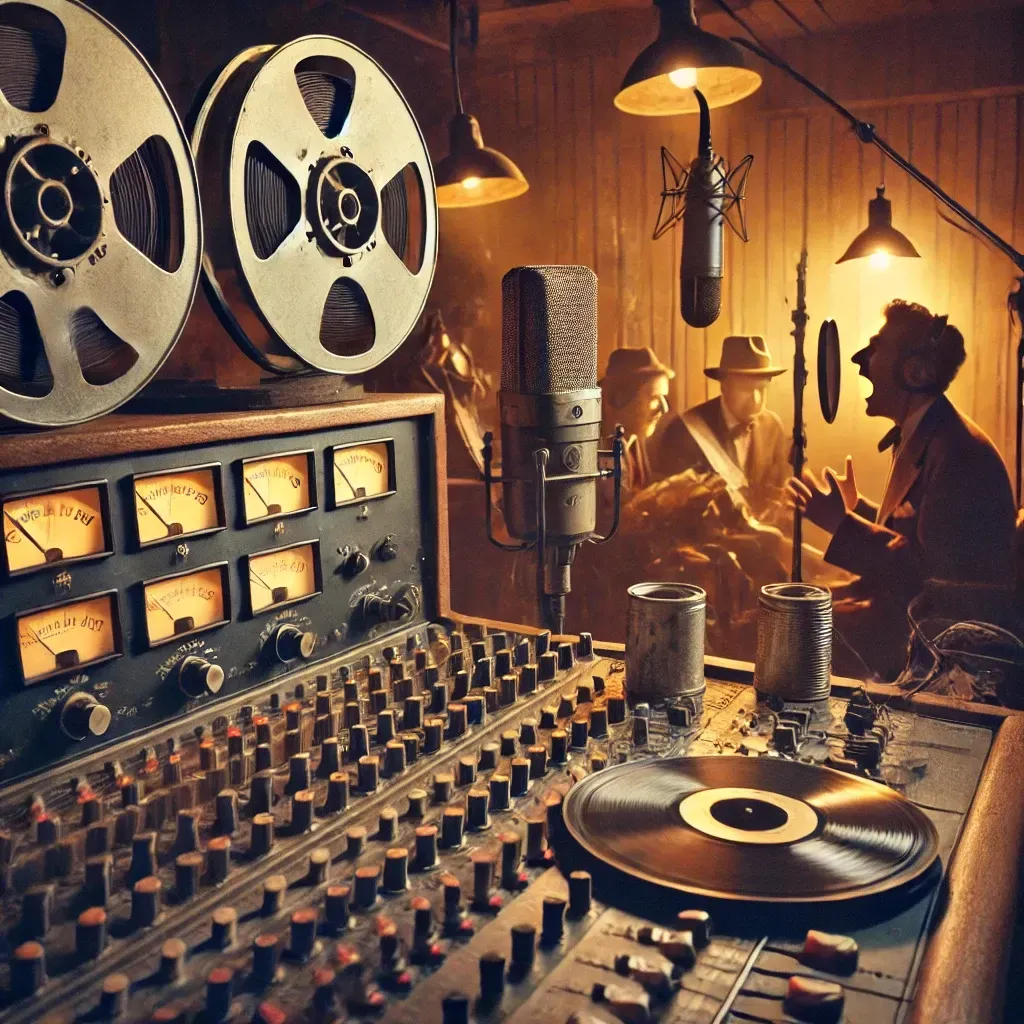 Studio d’enregistrement vintage avec microphone et magnétophone, illustrant l’origine du cri de Wilhelm, célèbre effet sonore du cinéma.