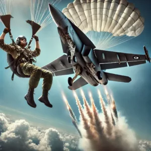 n pilote de chasse s’éjecte de son avion en détresse à l’aide d’un siège éjectable Martin-Baker. Son parachute commence à se déployer tandis que l’avion, en perdition, laisse derrière lui une traînée de fumée.