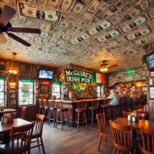 Intérieur du McGuire’s Irish Pub à Pensacola, avec des billets de banque couvrant les murs et le plafond.