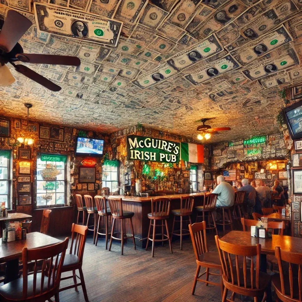 Intérieur du McGuire’s Irish Pub à Pensacola, avec des billets de banque couvrant les murs et le plafond.