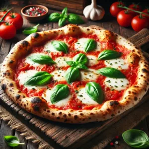 Pizza Margherita traditionnelle avec mozzarella fondante, sauce tomate et basilic frais, posée sur une planche en bois.