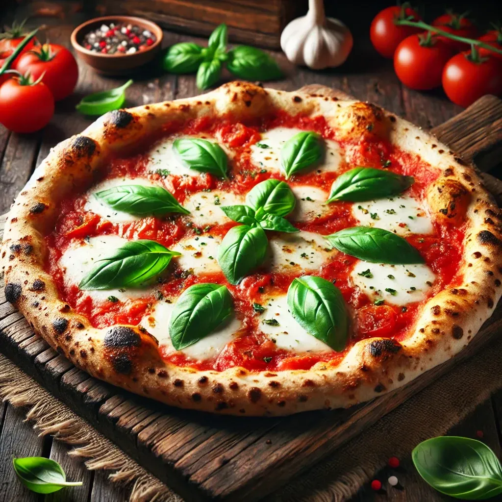 Pizza Margherita traditionnelle avec mozzarella fondante, sauce tomate et basilic frais, posée sur une planche en bois.