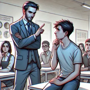 Un enseignant en classe influence subtilement un élève en hochant légèrement la tête. L'élève hésite avant de répondre, tandis que d'autres élèves observent la scène attentivement.