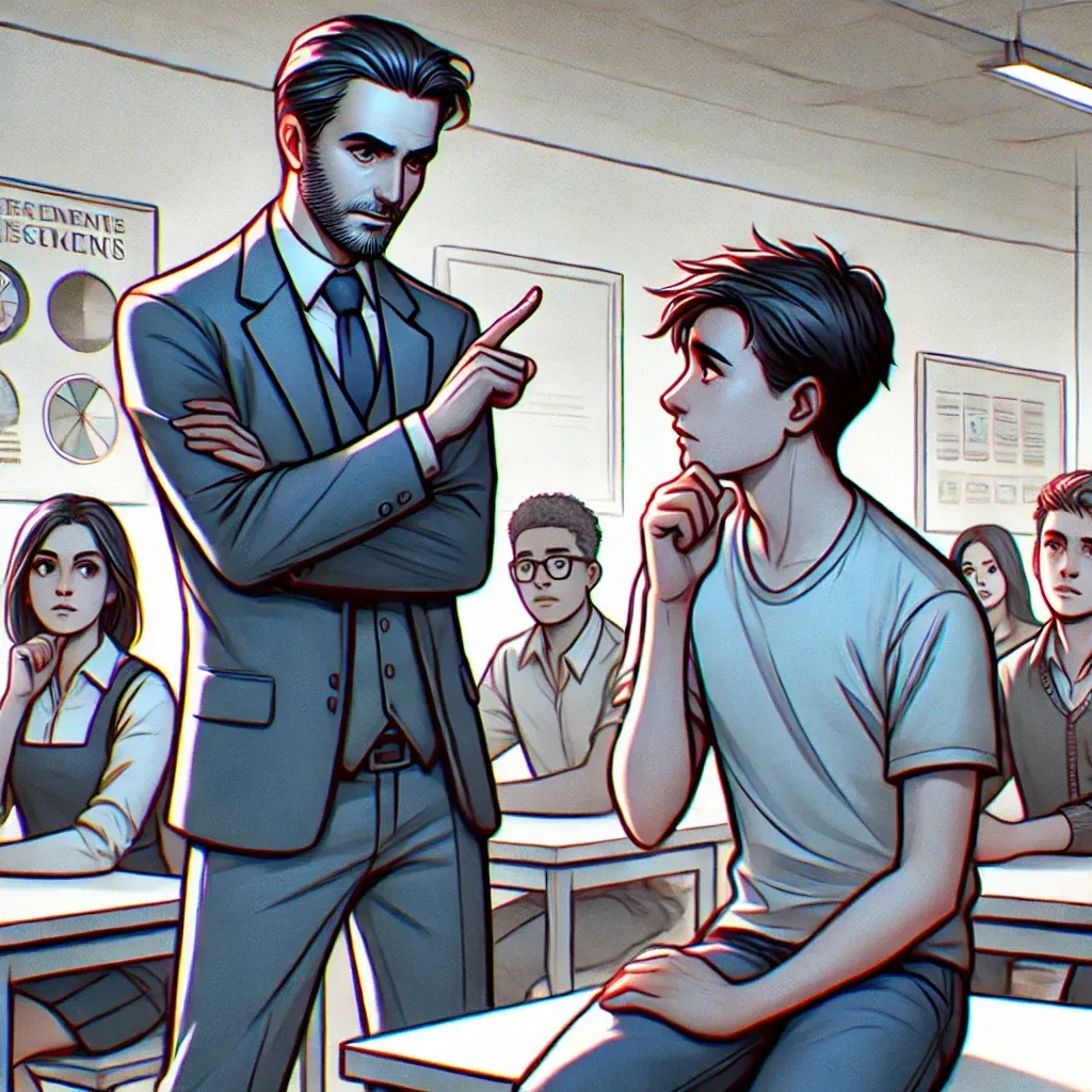 Un enseignant en classe influence subtilement un élève en hochant légèrement la tête. L'élève hésite avant de répondre, tandis que d'autres élèves observent la scène attentivement.