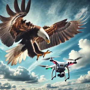 Un aigle attrapant un drone en plein vol, illustrant une méthode d’interception innovante.
