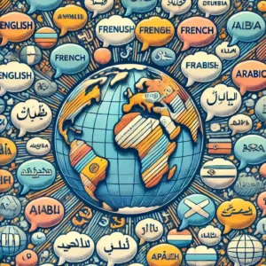 Illustration d’un globe entouré de bulles de dialogue en différentes langues, illustrant la diversité linguistique mondiale.