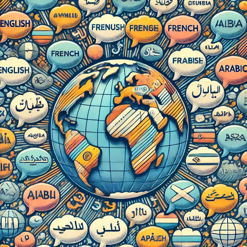 Illustration d’un globe entouré de bulles de dialogue en différentes langues, illustrant la diversité linguistique mondiale.
