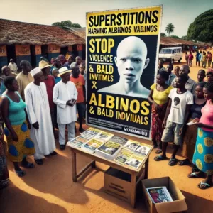 Affiche de sensibilisation au Mozambique contre les superstitions mettant en danger les albinos et les chauves.