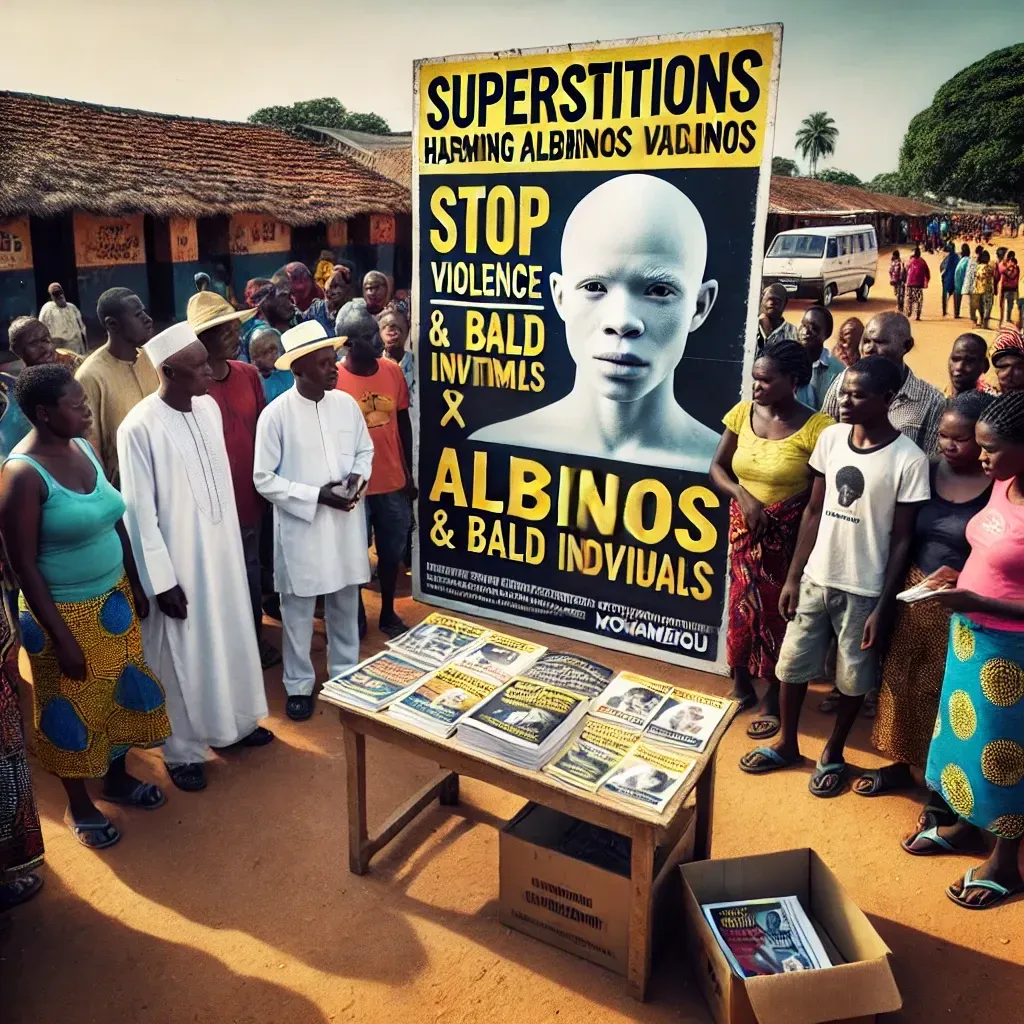 Affiche de sensibilisation au Mozambique contre les superstitions mettant en danger les albinos et les chauves.
