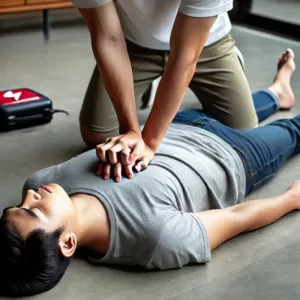 Personne réalisant un massage cardiaque sur une victime inconsciente au sol, avec les mains bien positionnées sur la poitrine.
