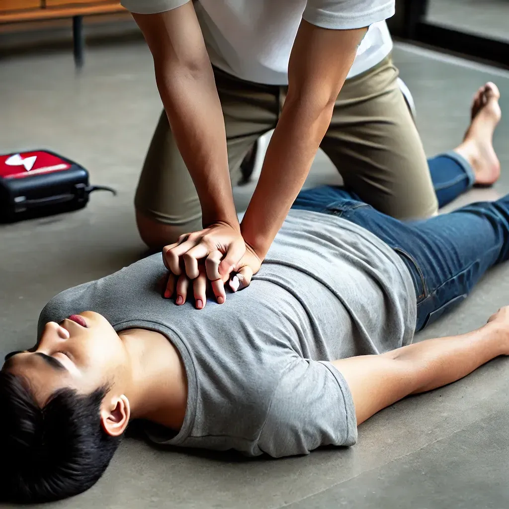 Personne réalisant un massage cardiaque sur une victime inconsciente au sol, avec les mains bien positionnées sur la poitrine.