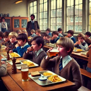 Enfants belges de 6 à 14 ans buvant de la bière de table dans une cantine scolaire des années 1970.