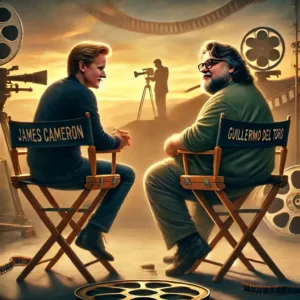 James Cameron et Guillermo del Toro discutant à Hollywood, illustrant leur amitié et leur lien dans le monde du cinéma.