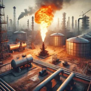 Une torchère pétrolière brûlant du gaz naturel sur un site d'extraction, avec des réservoirs métalliques et des pipelines en arrière-plan.