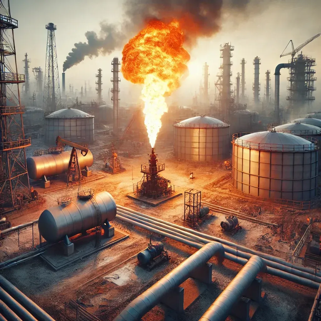 Une torchère pétrolière brûlant du gaz naturel sur un site d'extraction, avec des réservoirs métalliques et des pipelines en arrière-plan.