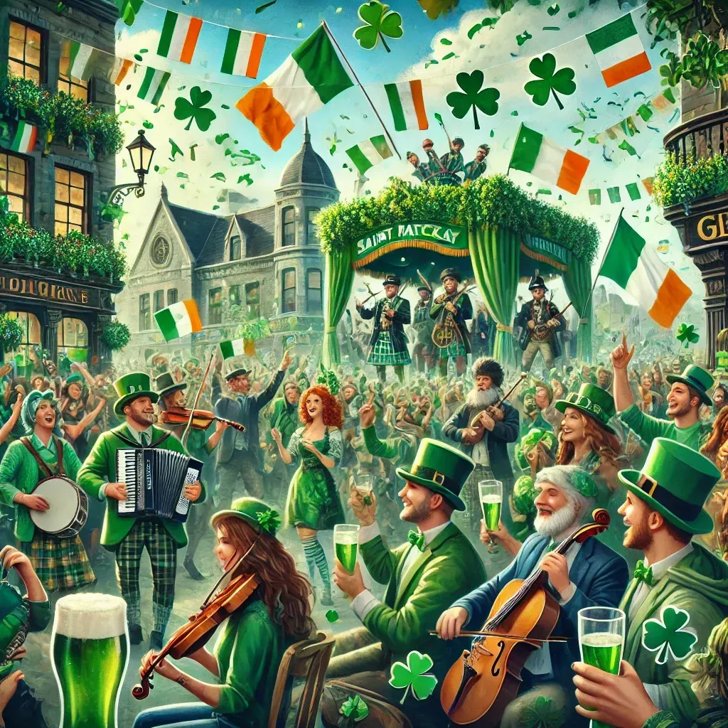 Célébration de la Saint-Patrick avec une foule en vert, un défilé festif et des symboles irlandais.