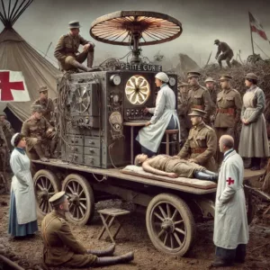 Unité mobile de radiologie "Petite Curie" pendant la Première Guerre mondiale, avec médecins et infirmières soignant des soldats blessés.