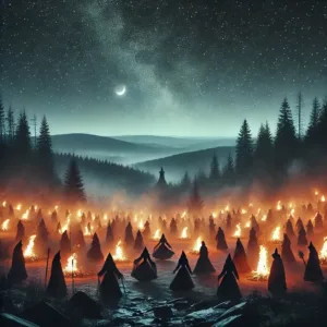 Nuit de Walpurgis avec feux de joie et sorcières dansant sur le mont Brocken.