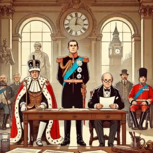 Répartition du pouvoir en Angleterre : le roi, le Premier ministre et le Parlement illustrés ensemble, symbolisant la monarchie constitutionnelle.