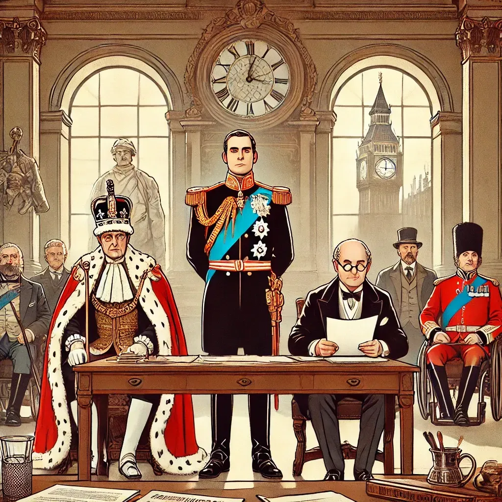 Répartition du pouvoir en Angleterre : le roi, le Premier ministre et le Parlement illustrés ensemble, symbolisant la monarchie constitutionnelle.