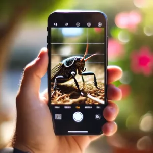 Photographie macro d’un insecte avec un smartphone dans un jardin.