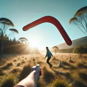 Boomerang en vol retournant vers son lanceur sur une prairie.