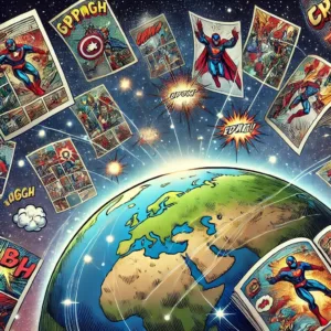 Vue de la Terre dans l’espace entourée de pages de comics flottantes, symbolisant Earth-1218 dans le multivers Marvel.