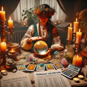Sorcière roumaine traditionnelle pratiquant la divination avec des documents fiscaux en arrière-plan.