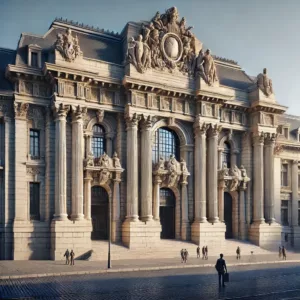 Vue de la façade néoclassique de la gare de Lille-Flandres avec colonnes et sculptures sous un ciel bleu.