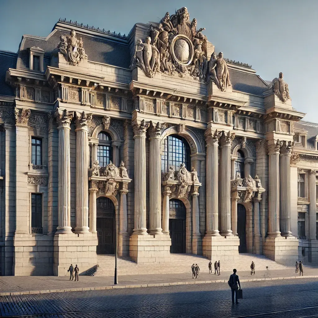 Vue de la façade néoclassique de la gare de Lille-Flandres avec colonnes et sculptures sous un ciel bleu.