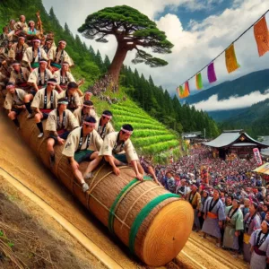 Descente périlleuse d’un tronc géant au festival Suwa Onbashira à Nagano.