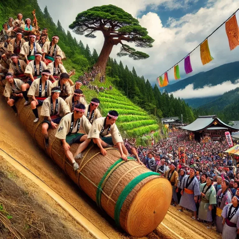 Descente périlleuse d’un tronc géant au festival Suwa Onbashira à Nagano.