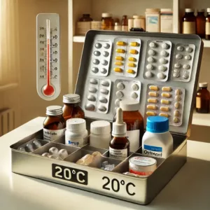 Boîte de rangement contenant divers médicaments conservés à température ambiante.